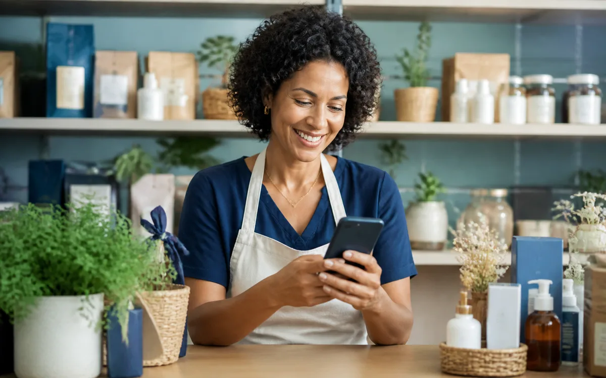 Empreendedora atendendo clientes pelo celular em sua loja