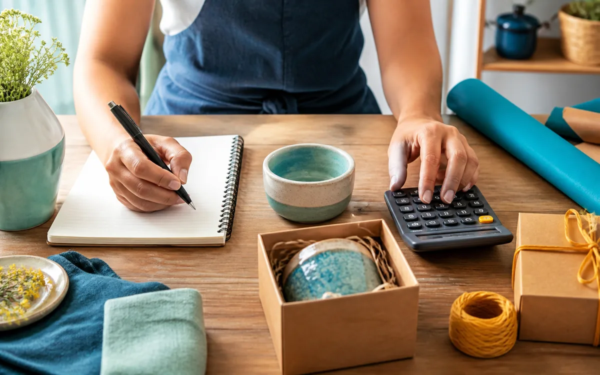 Artesã calculando o preço de um produto em sua bancada